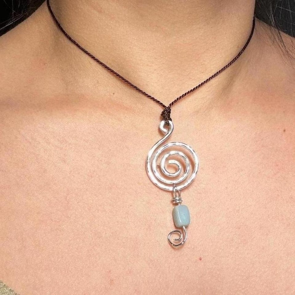 Amazonite Wire Spiral Pendant Necklace Boho Gemstone Adjustable Cottagecore